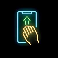 Hand using smartphone with up arrow neon sign on black background vector