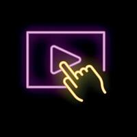 Neon sign of hand pressing play button on screen vector