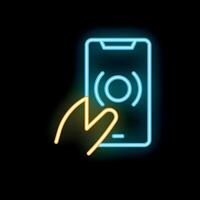 Neon icon of hand touching smartphone screen with glowing fingerprint vector