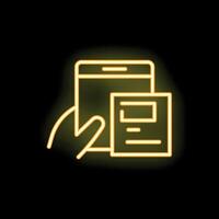 Neon icon of hand holding smartphone with document displayed vector