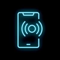 Neon icon of smartphone sending out signal on black background vector