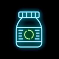 Neon icon of reusable plastic or glass jar with recycle sign on label for storing food or other stuff vector