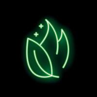 Green neon sign showing leaves transforming into flames on black background vector