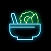 Neon sign of salad in bowl with chopsticks on black background vector