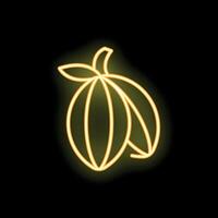 Glowing neon icon of cocoa fruit pod is glowing on dark background vector