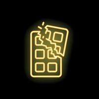 Neon sign showing chocolate bar breaking apart on black background vector