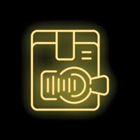 Yellow glowing neon icon of a smartwatch showing a package tracking status vector