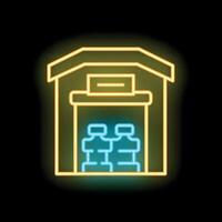 Neon icon of storage warehouse building with boxes inside on black background vector
