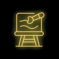 Yellow neon sign of easel with paintbrush creating art on black background vector