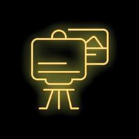 Neon icon of a camera displaying landscape photo on a black background vector
