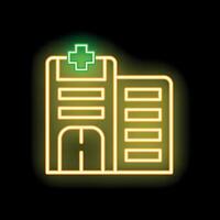 Neon sign showing a hospital building with green cross and glowing windows at night vector