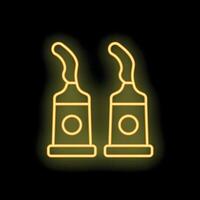Neon icon of two tubes of toothpaste glowing yellow on black background vector