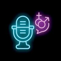 Neon icon of microphone broadcasting gender symbols for podcast or radio show vector