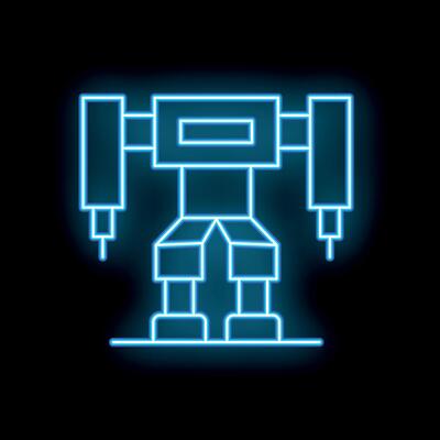 Neon robot standing with arms extended