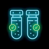 Neon icon of two test tubes passing a quality control check vector