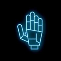 Blue neon sign showing robotic hand on black background vector