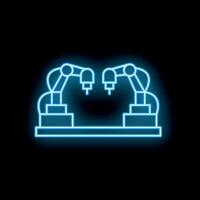 Neon sign representing two industrial robots working together on production line vector
