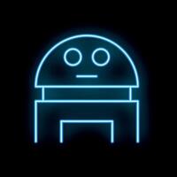 Blue neon sign of a robot with a serious expression on black background vector