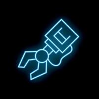 Blue neon sign robotic arm holding cube on black background vector