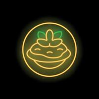 Round neon sign showing a delicious pie with garnish on a plate vector