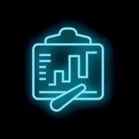 Neon icon of a clipboard showing a bar chart with a pointer highlighting growth vector