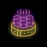 Neon icon of sushi rolls on a plate with chopsticks, glowing brightly against a dark background vector