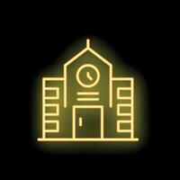 Neon yellow school building with clock tower glowing on black background vector