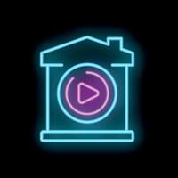 Neon icon of house displaying play button for home entertainment vector
