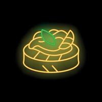 Neon sign showing delicious grilled steak with garnish on black background vector