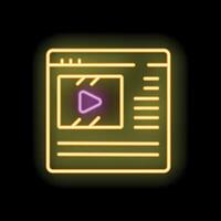 Neon sign representing online player with play button on black background vector