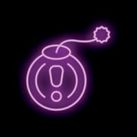 Purple neon sign of a round bomb with a lit fuse and an exclamation mark inside vector