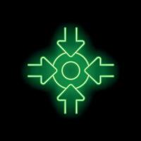 Green neon arrows pointing to the center of a circle on a black background vector