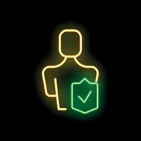 Neon sign representing user account security with shield and check mark vector
