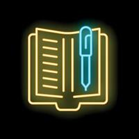 Neon icon of open notebook with pen for writing and note taking vector