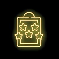 Neon yellow clipboard showing five stars rating on black background vector