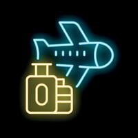 Neon icon of airplane taking off with luggage in foreground vector