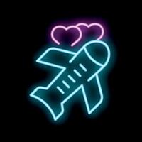 Neon airplane taking off with hearts representing honeymoon trip vector
