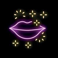 Neon lips shining with bright sparkles on black background vector