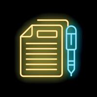 Neon icon of document with pen representing writing vector
