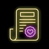 Neon icon of a document with a heart shaped seal representing a prenuptial agreement vector