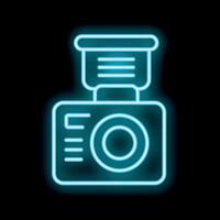 Blue neon sign showing a photo camera with flash light on black background vector