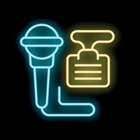 Neon icon of microphone with speech bubble representing podcast recording vector