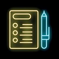 Neon glowing checklist with pen icon on a black background vector
