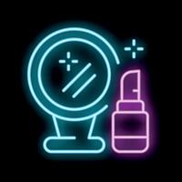 Neon icon of makeup mirror and lipstick glowing on black background vector