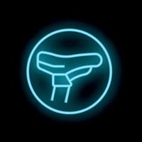 Blue neon sign icon of a bicycle saddle in a circle on black background vector