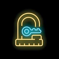 Neon open padlock with key access granted symbol on black background vector