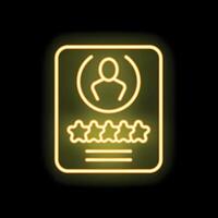 Neon icon of customer profile with five star review glowing yellow vector