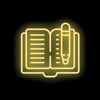 Neon sign representing open notebook with pen for writing and taking notes vector