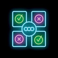 Neon icon showing blockchain network processing data with check and cross marks vector