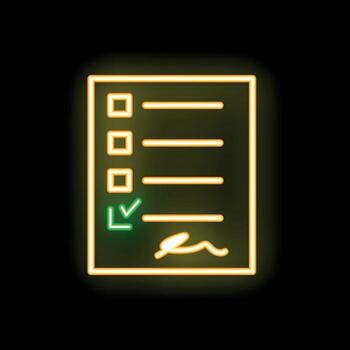 Neon yellow checklist with signature confirmation icon glowing on dark background vector